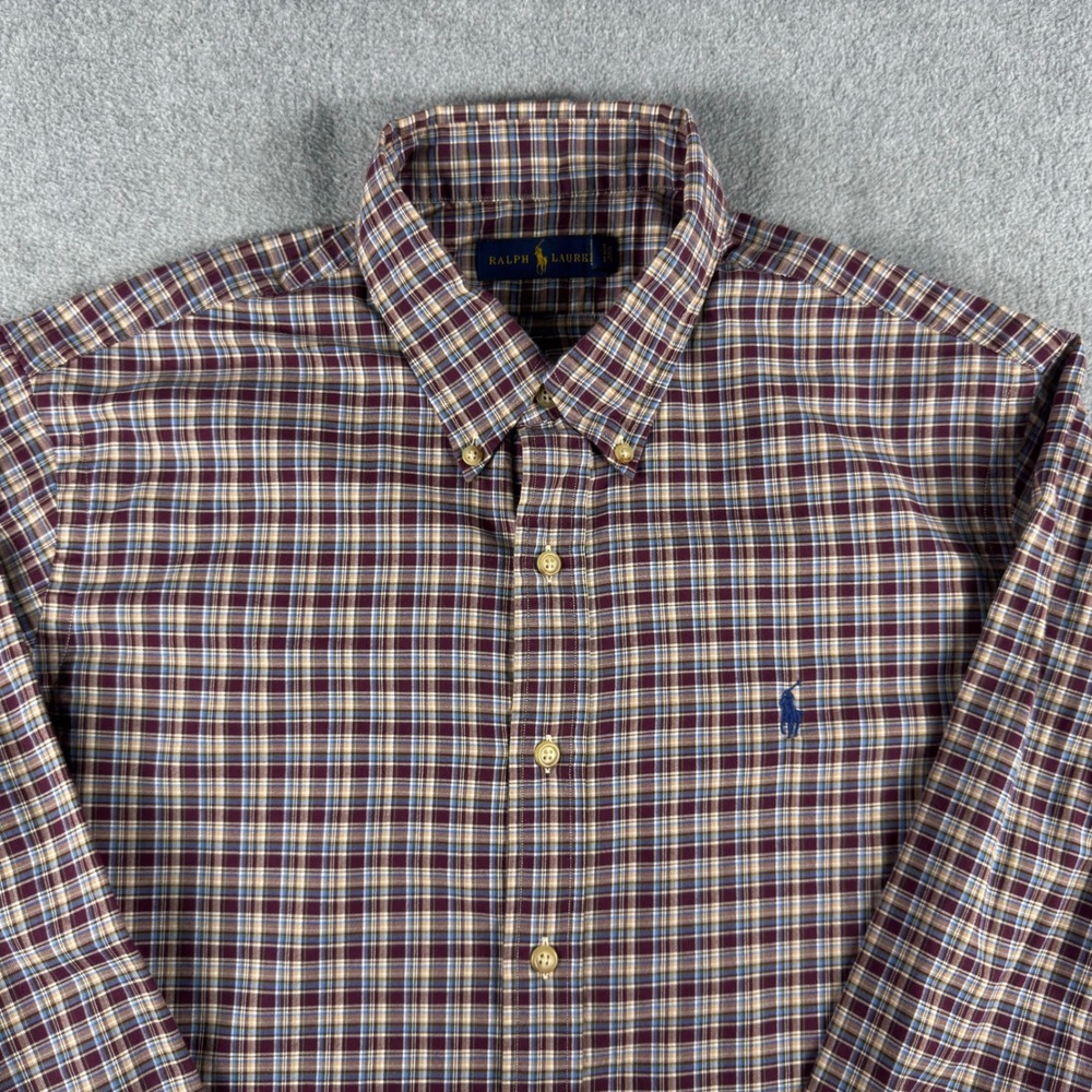 Ralph‎ Lauren Shirt Mens XL Red Brown Plaid Long Sleeve Button Down